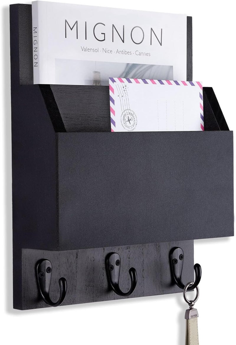 Lucundm Key and Mail Holder for Wall Mount, Entryway Mail Holder with 2 Slot, Key Holder with 3 Sturdy Hooks for Coat, Dog Leash, Decorative Key Rack (8.86”W x 11.42”H x 3”D) (Black) - Image 1